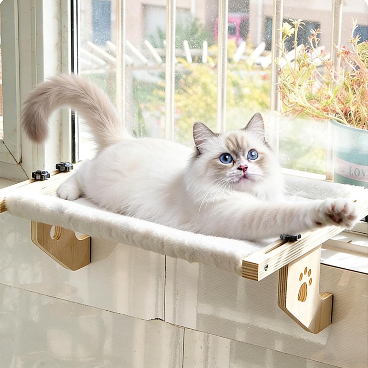 Kattenligbed balkon 50 x 38 cm, kattenhangmat, raamligbed voor katten, vensterbank ligbed tot 14 kg, wandgemonteerd vensterbank kattenligbed met konijnenvachtmat voor raambedzijden