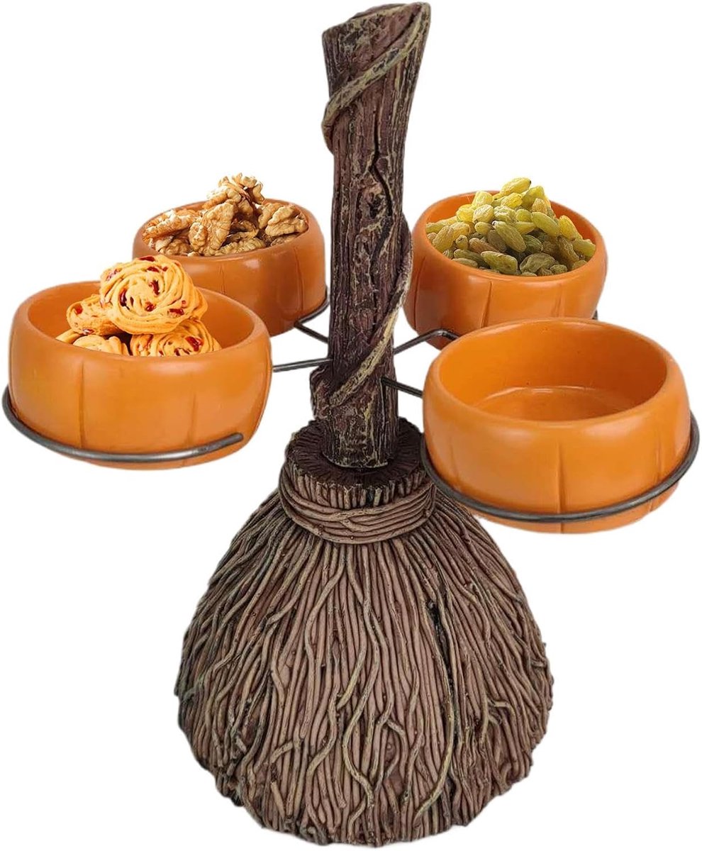 Snackschaal met standaard, decoratieve Halloween-schaal van hars | Bezemstandaard En Snoephouder Container Voor Dessert Voorgerecht Fruitsalade Party Indoor Thuis Picknick En Reizen