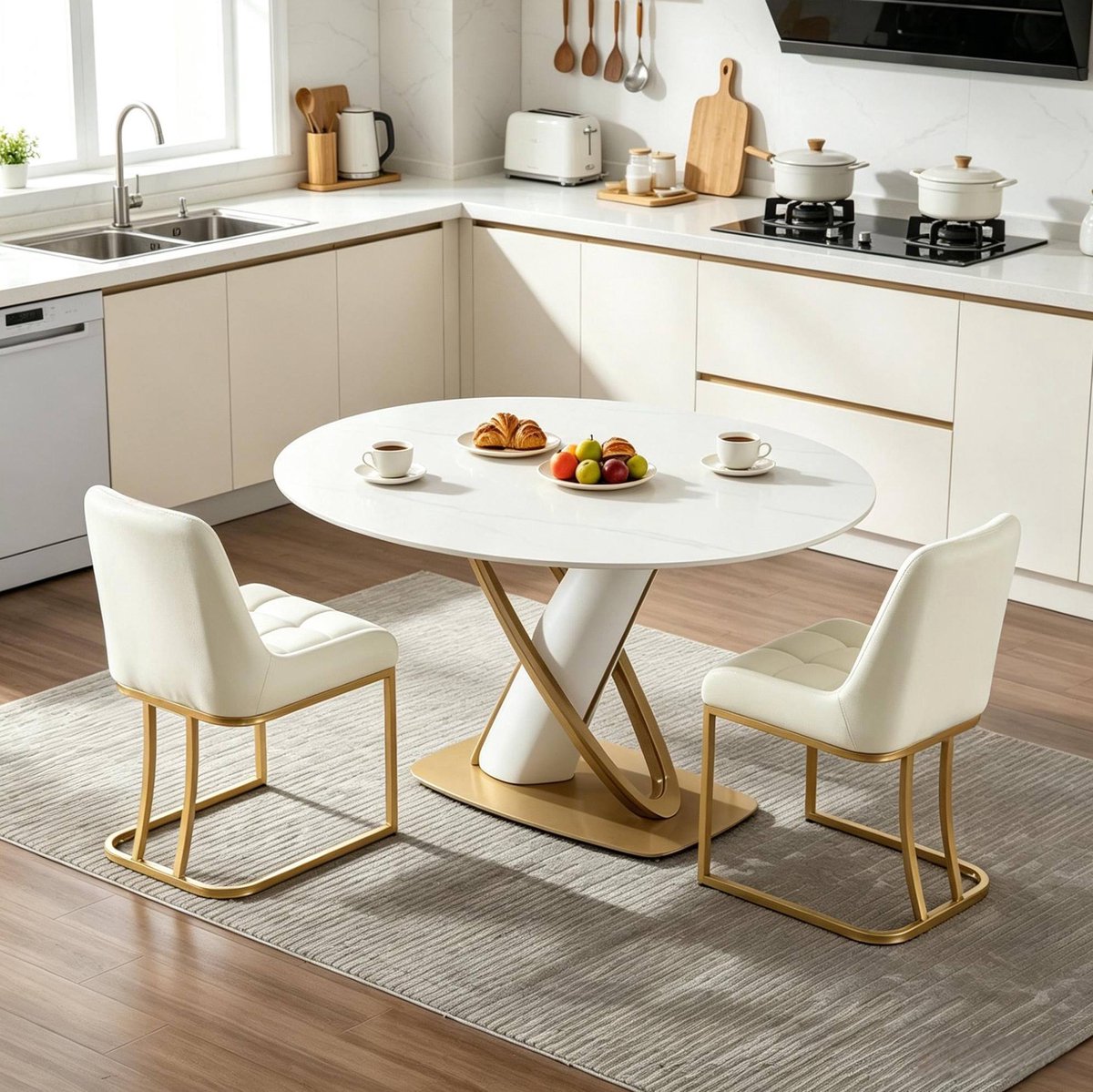 FloraGrace Eetkamerstoel Set van 2 - Met Armleuningen, Zachte Fluwelen Bekleding en Stabiel Metalen Frame - Voor Eetkamer en Woonkamer - Beige