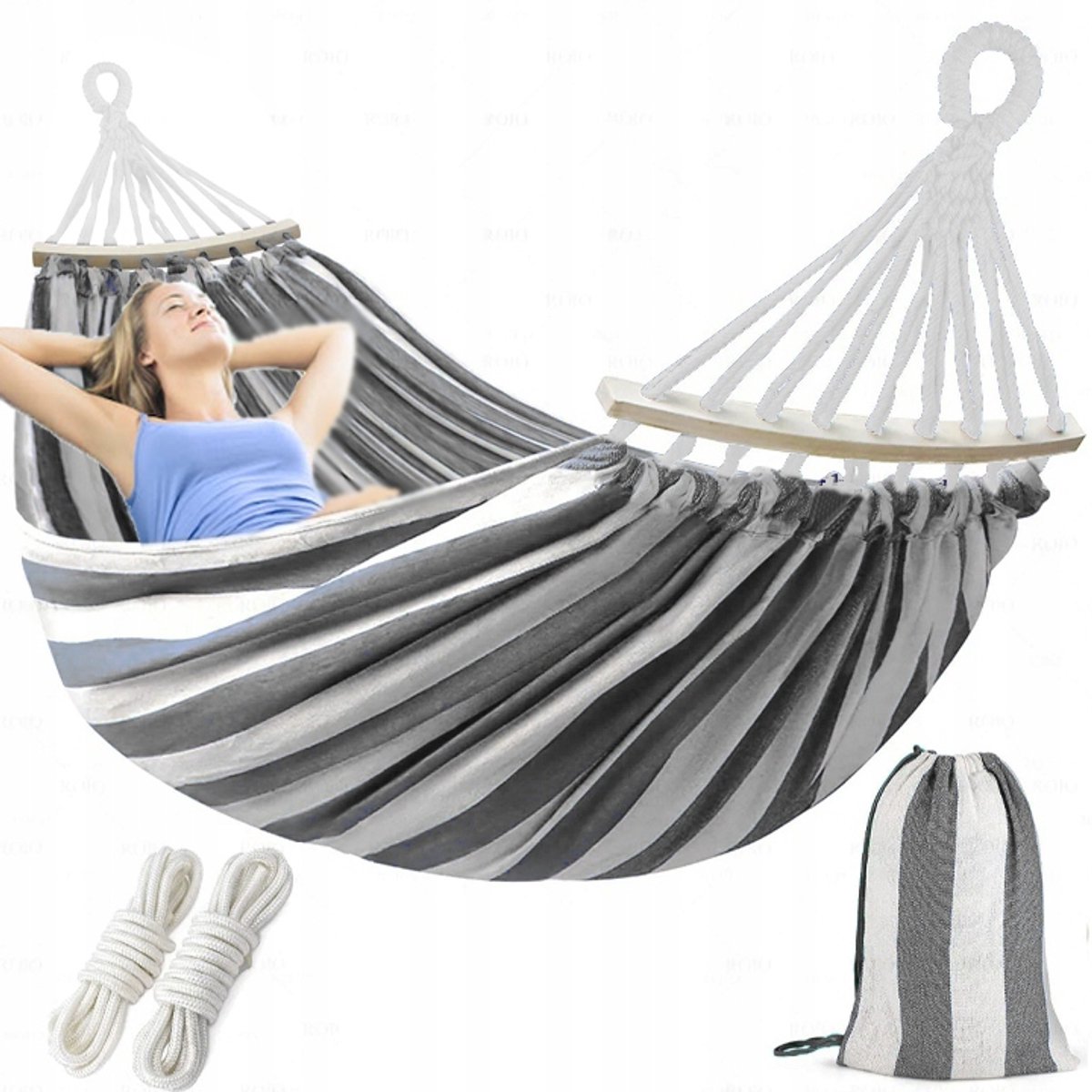 Merkloos Dubbele Hangmat met Spreidstok - 270x150cm - Grijs Beige Gestreept