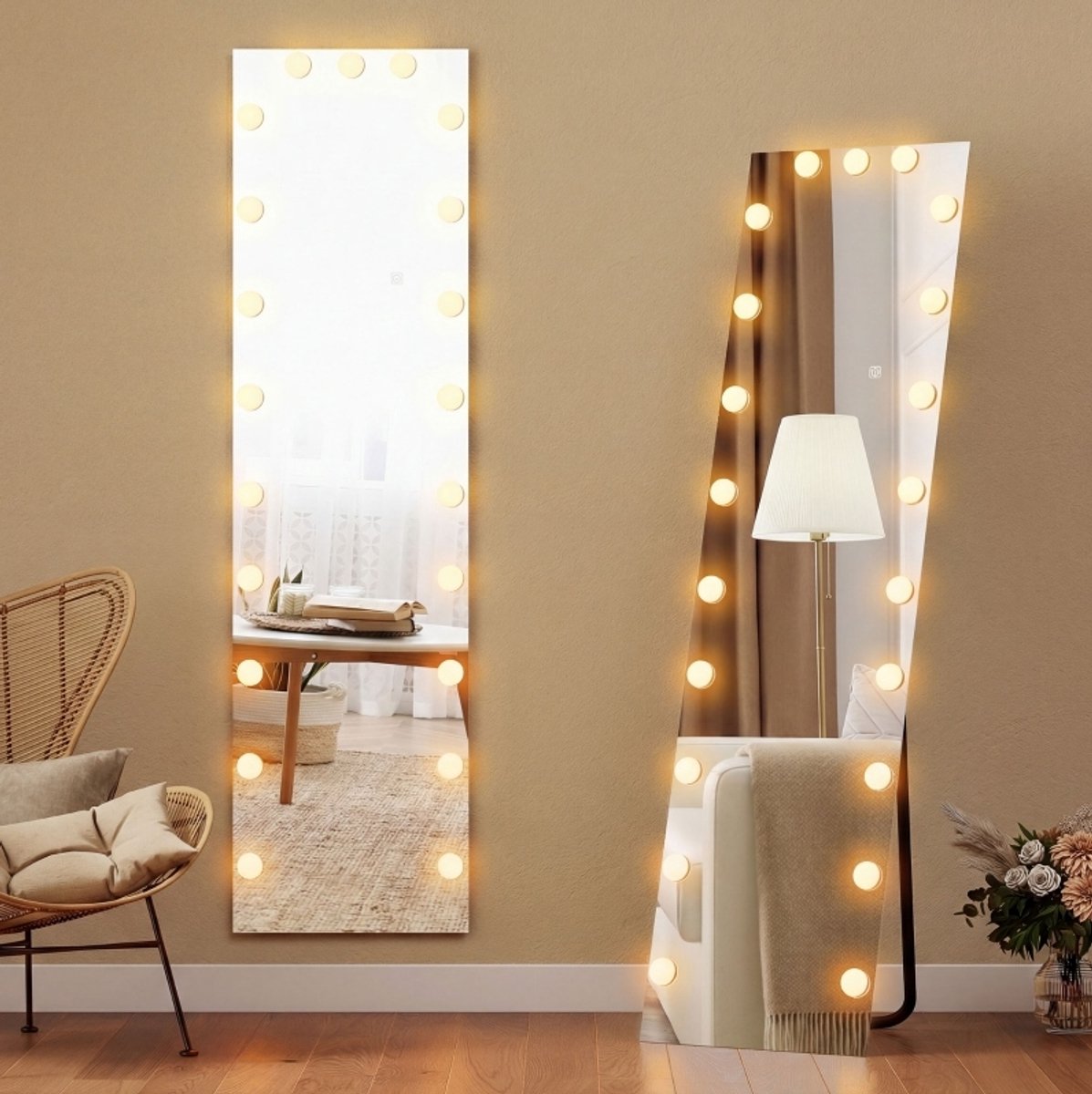Spiegel Rgb Led Staande Spiegel 150 X 40 Cm Met 21 Lampen Gehard Glas Aluminium Transparant Met Touch Schakelaar En Geheugenfunctie