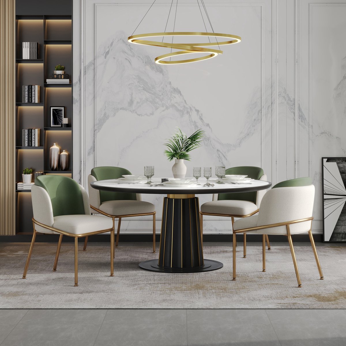 FloraGrace Eetkamerstoel Set Van 4 Met Armleuningen En Zachte Zitting Verstelbare Voetdoppen Modern Scandinavisch Metaal Groen Beige Goud