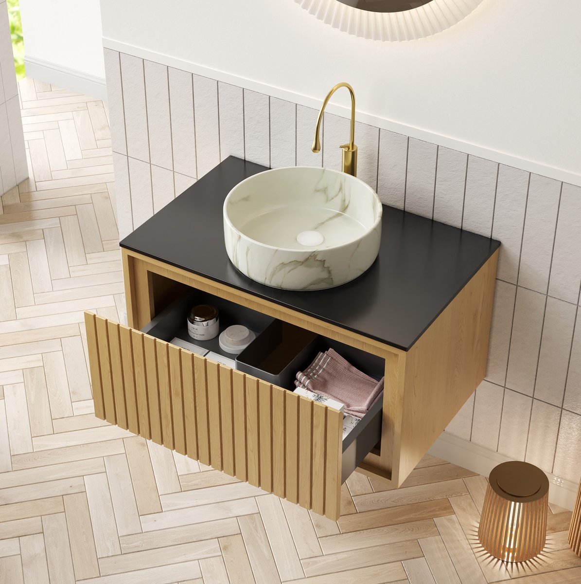 MODENUIT Badkamerkast - Wandmontage Met Lade - Voor Badkamer - Multiplex - 76x48x41,1 Cm - Zwart