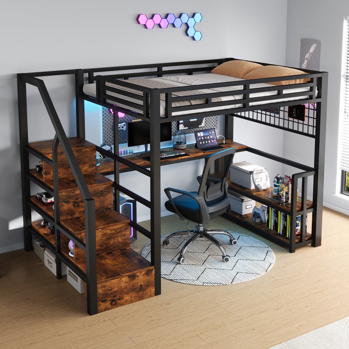 REDOM - Hoogslaper met bureau en opbergruimte - Metaal en MDF frame - Met LED-verlichting, USB en Type-C - Voor kinderen - Zwart - 140 x 200 cm - 254 x 145,5 x 160 cm