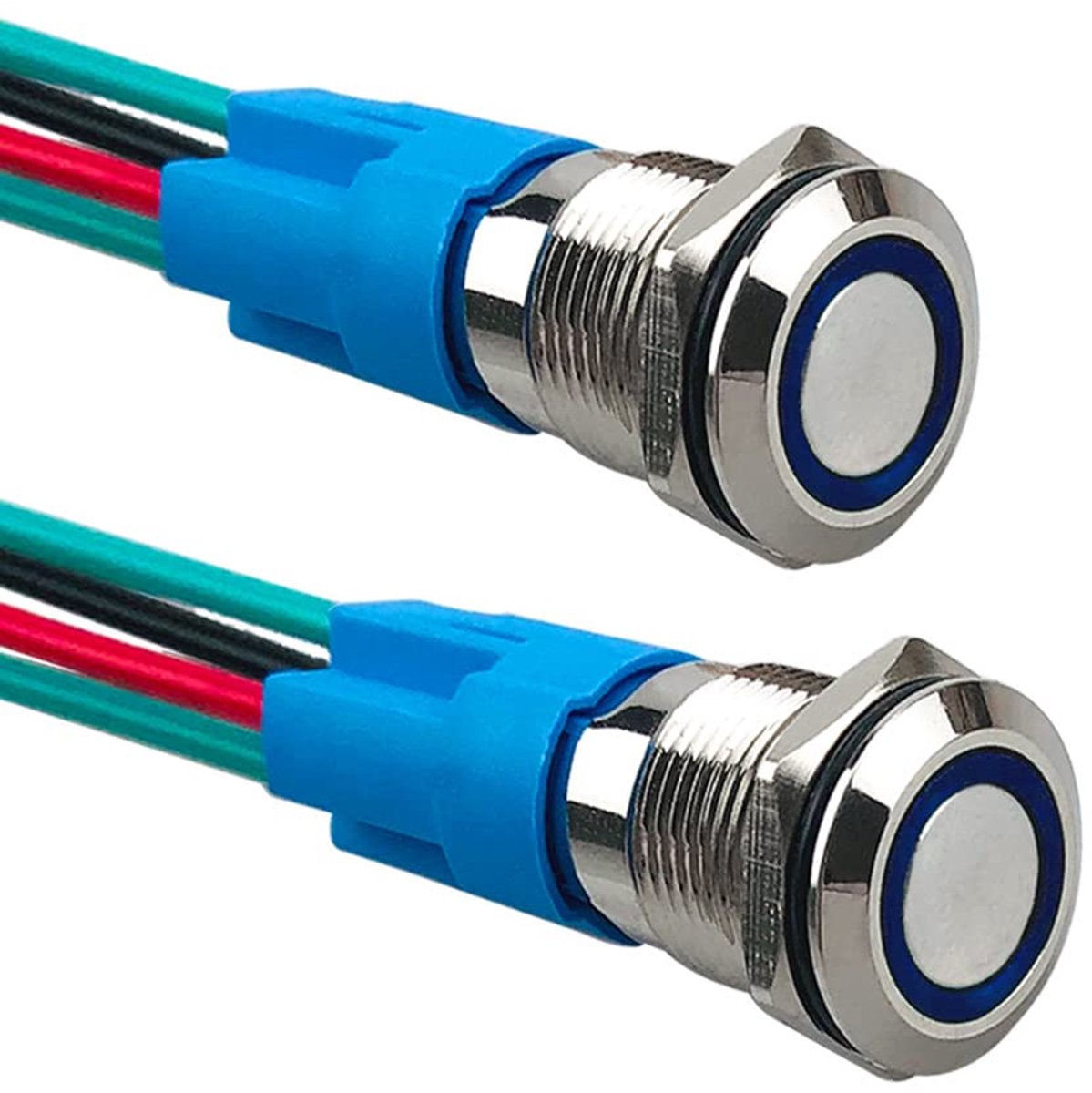 Drukschakelaar 12 mm - 12 V/24 V - RVS met blauwe LED - Eenvoudige installatie met voorgemonteerde stekker - ShopVlot