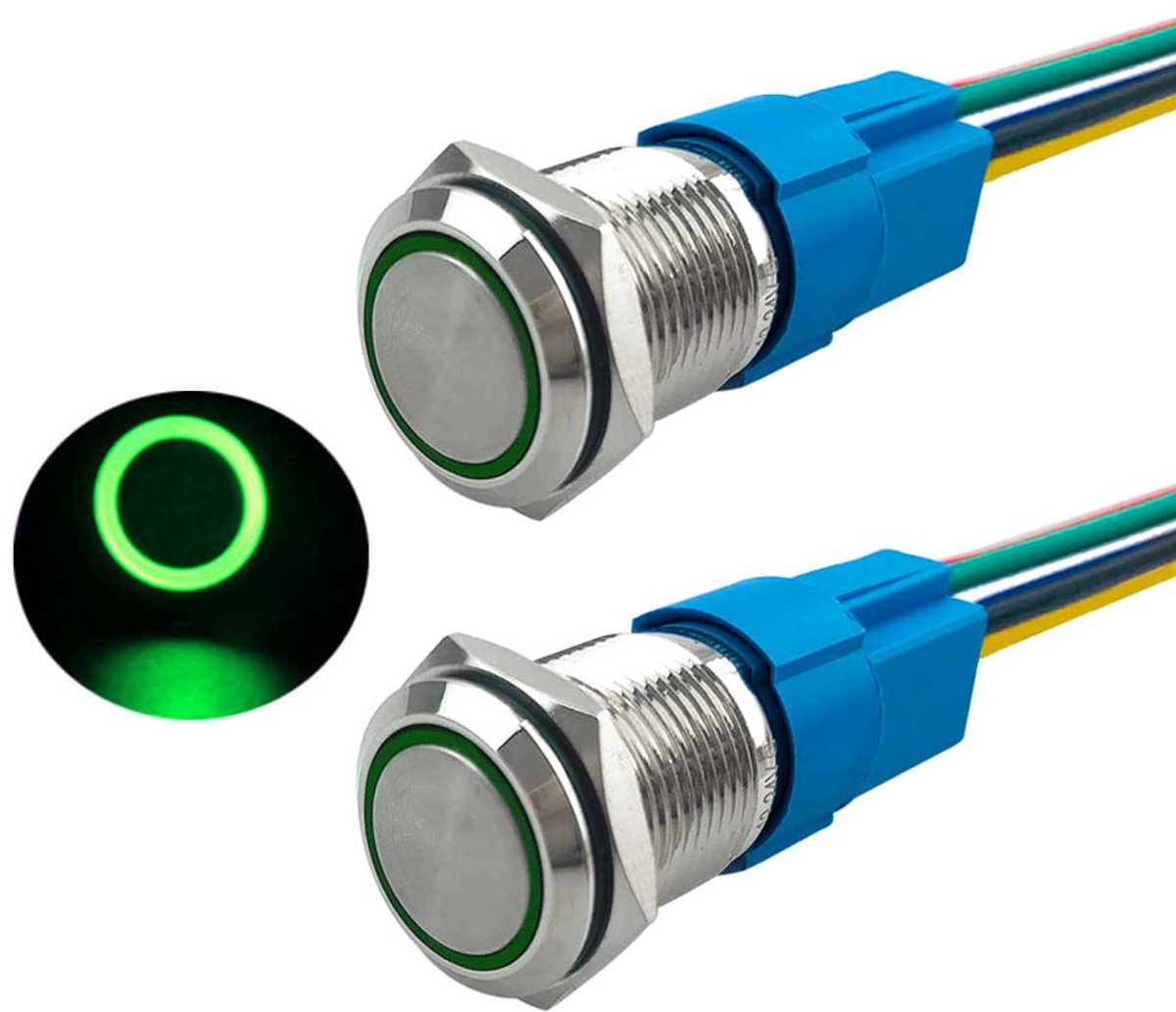 Drukknop Schakelaar 16 mm - Metalen Drukknop met Voorbedrade Aansluiting - Groene LED - Eenvoudige installatie - ShopVlot