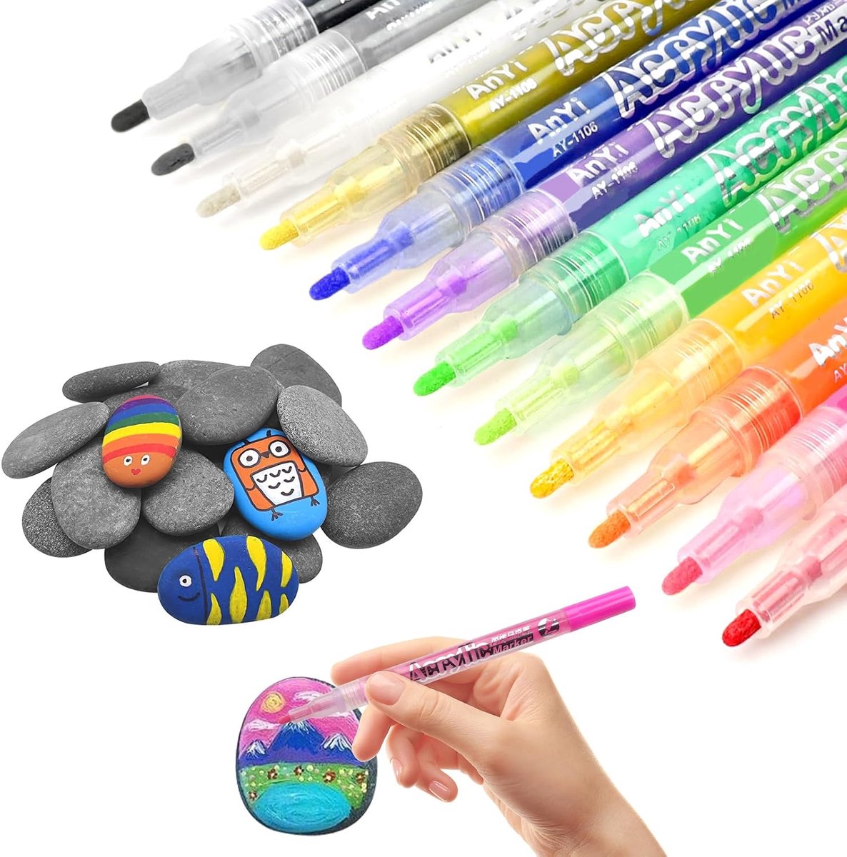 Schilderstenen set 15 stuks - 3-5 cm gladde stenen - inclusief 12 acrylmarkers - creatief schilderen voor kinderen - ShopVlot