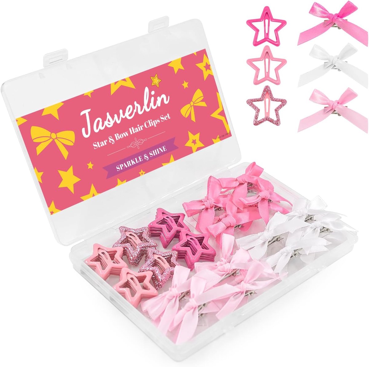 Haarclips set 60 stuks - Y2K ster en strik clips - Kawaii glitters voor meisjes - Eenvoudig te stylen - ShopVlot