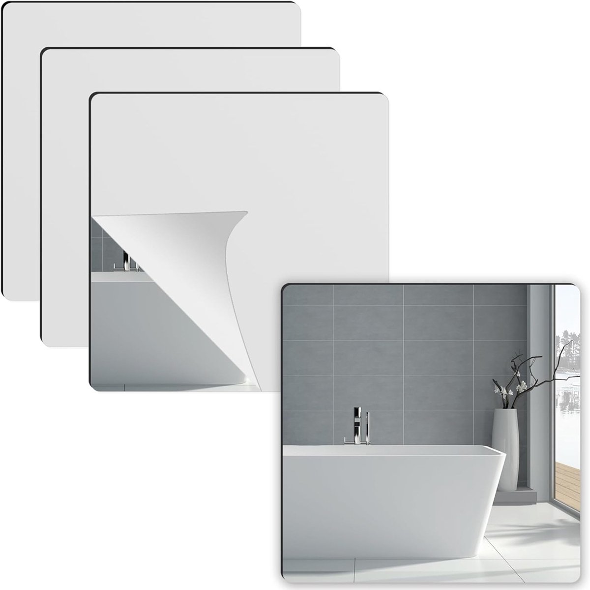 QUOVO® Plakspiegel Rechthoek - Passpiegel Deur - Zelfklevende Spiegel 4 Stuks- plakspiegel Vierkant – Spiegelfolie - Zilver - 40cm x 30cm x 1cm