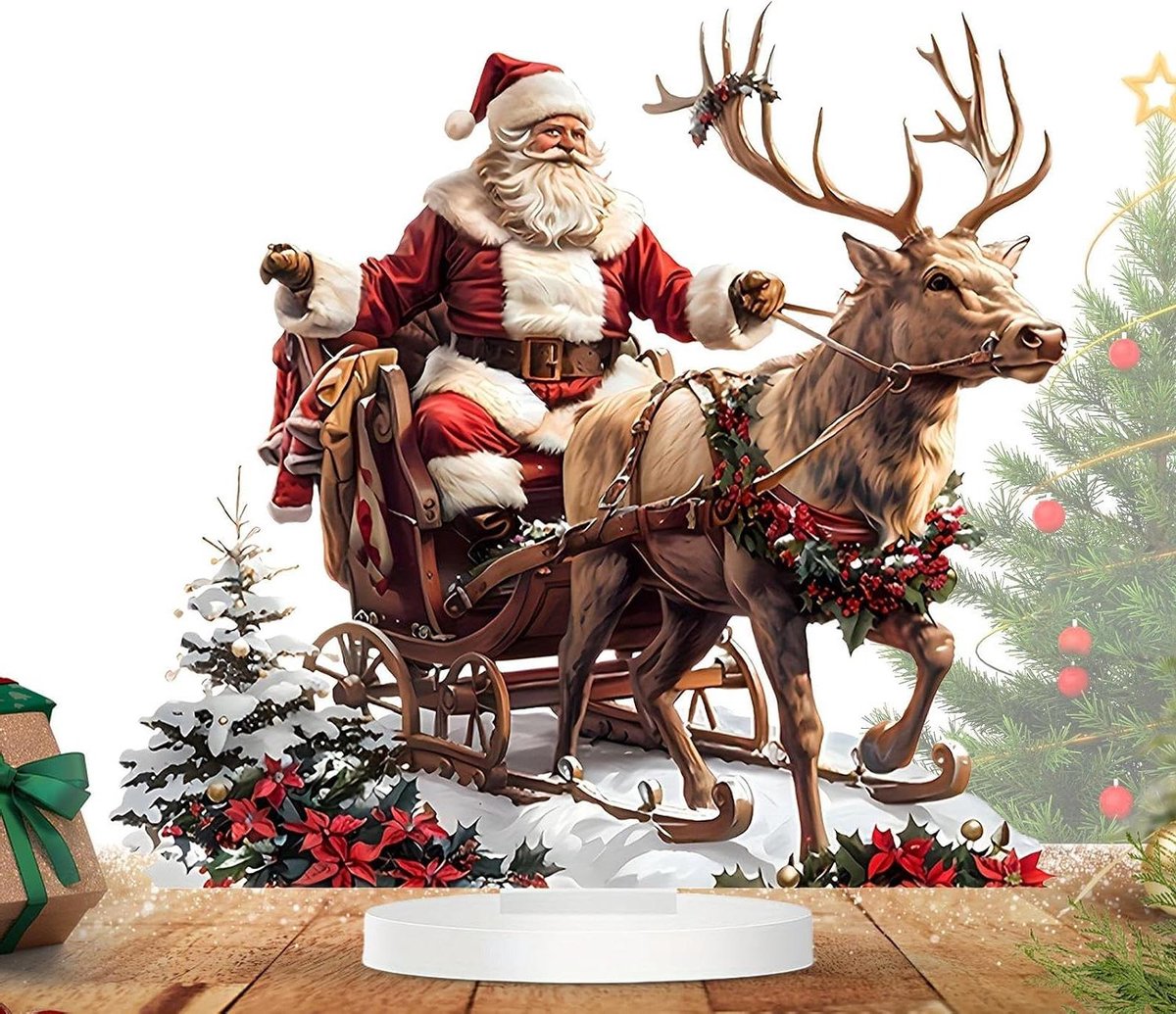 Kerstman met Rendieren Slee - Kerstbeeldje Decoratie - Feestelijke Decoratie - Waterdicht Acryl - 14x15cm - Multicolor