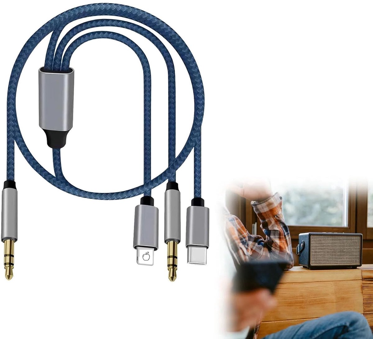 AUX kabel 3-in-1 1,2M - USB C, 0,3cm en 0,3cm - Nylon coating - Geschikt voor smartphone en auto - ShopVlot