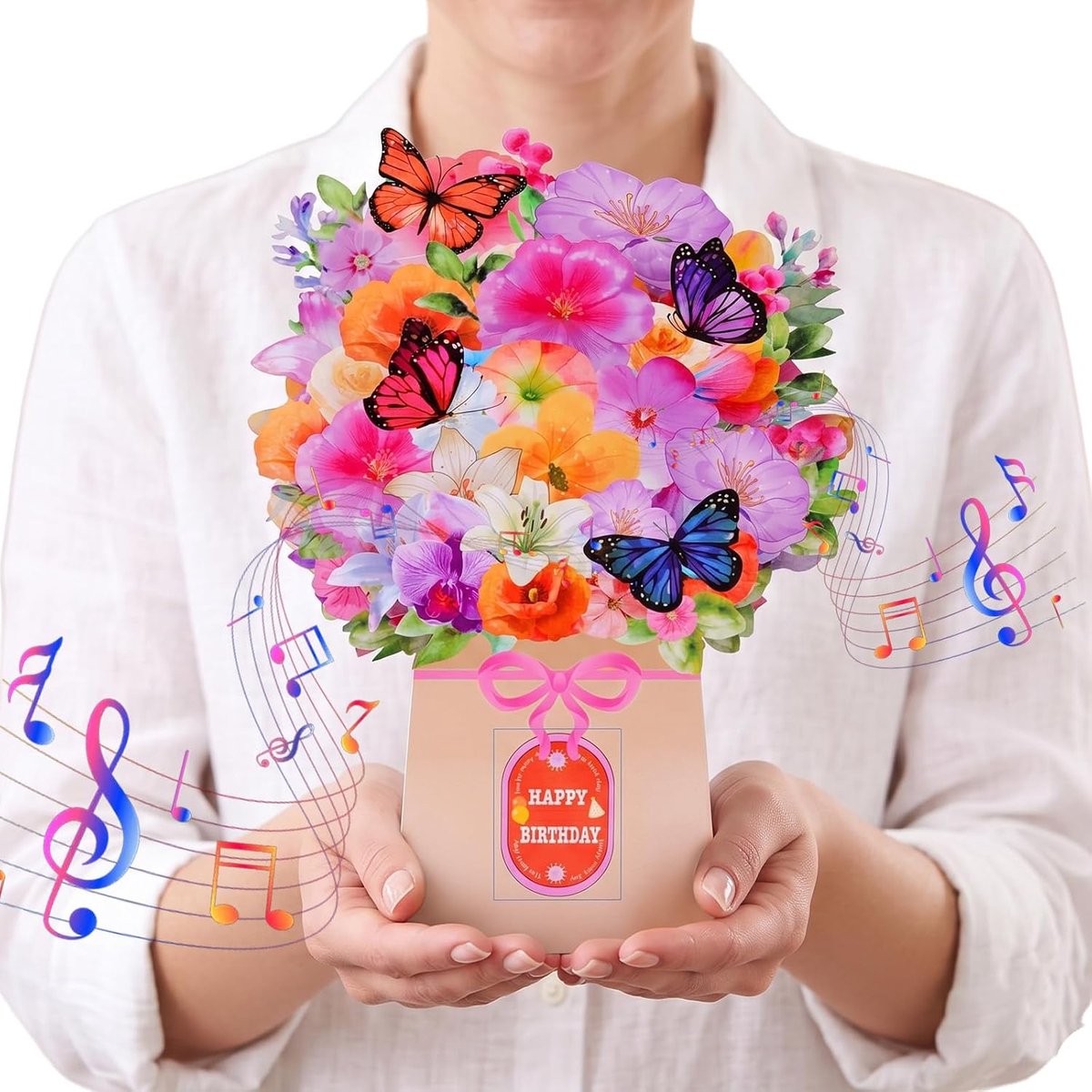 verjaardagskaart 3D pop-up - bloemen met muziek en lichtjes - lelies en vlinders - unieke verrassing - ShopVlot