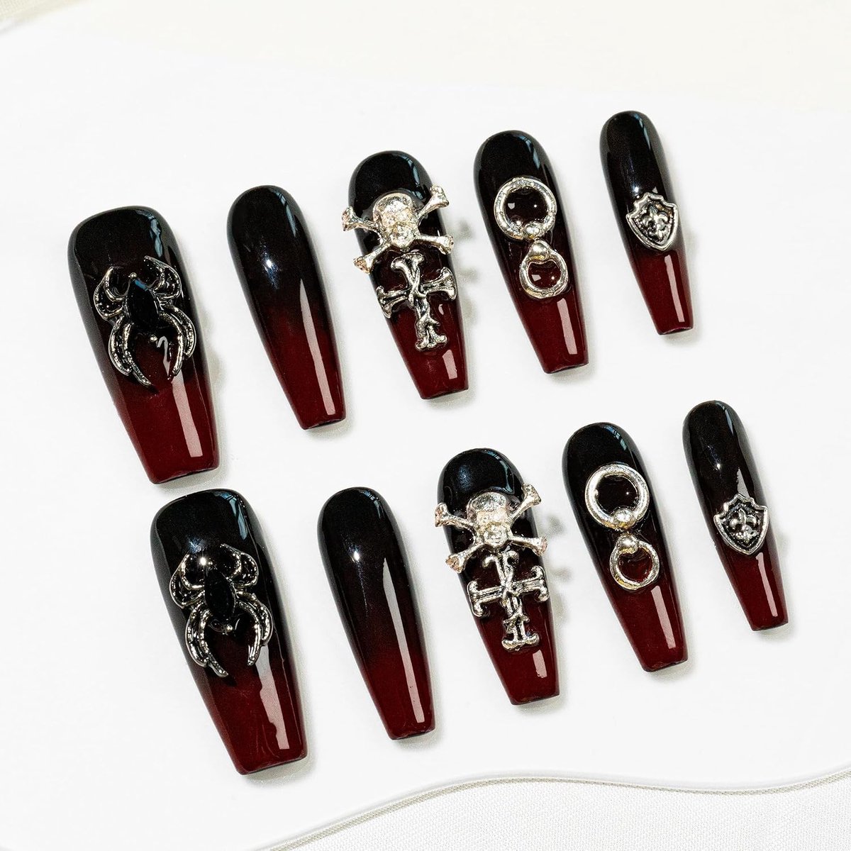 Kunstnagels handgemaakt lang - zwart ombre doodshoofd - Halloween-design - eenvoudig aan te brengen - ShopVlot