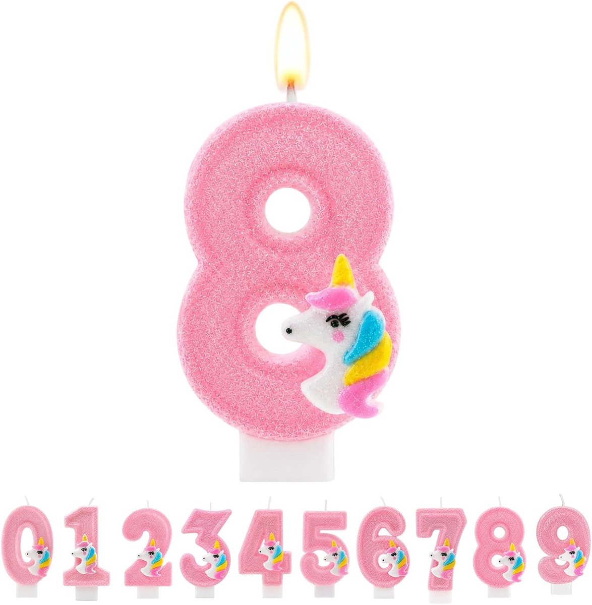 Verjaardagskaars cijfer 8 - Roze eenhoornontwerp - Glitterdecoratie - Perfect voor verjaardagen - ShopVlot