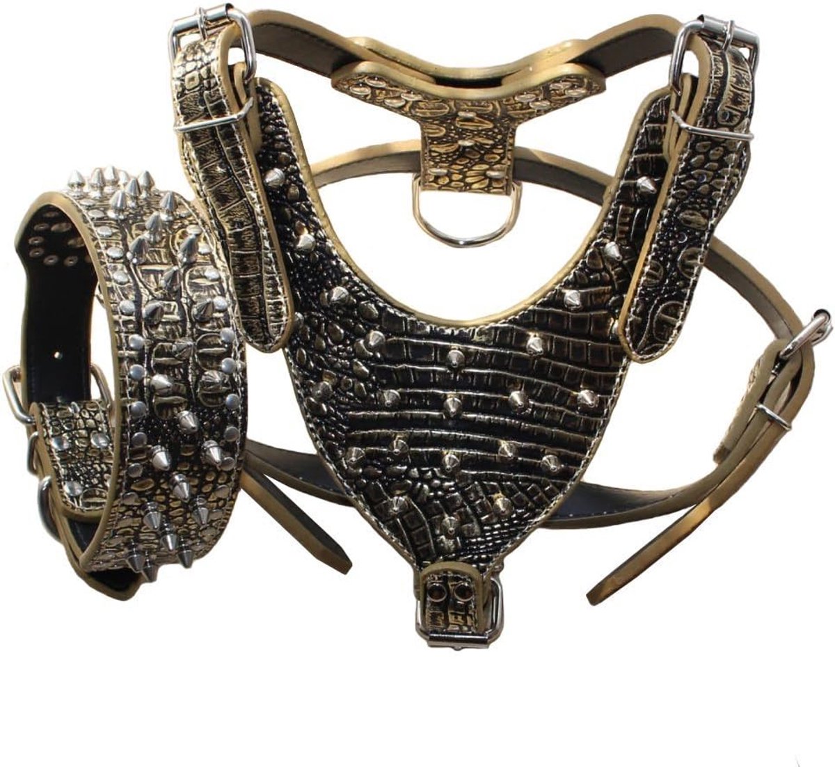 Halsband en harnas set voor honden - medium en groot - kunstleer - modieuze spikes - comfortabel voor actieve honden - ShopVlot