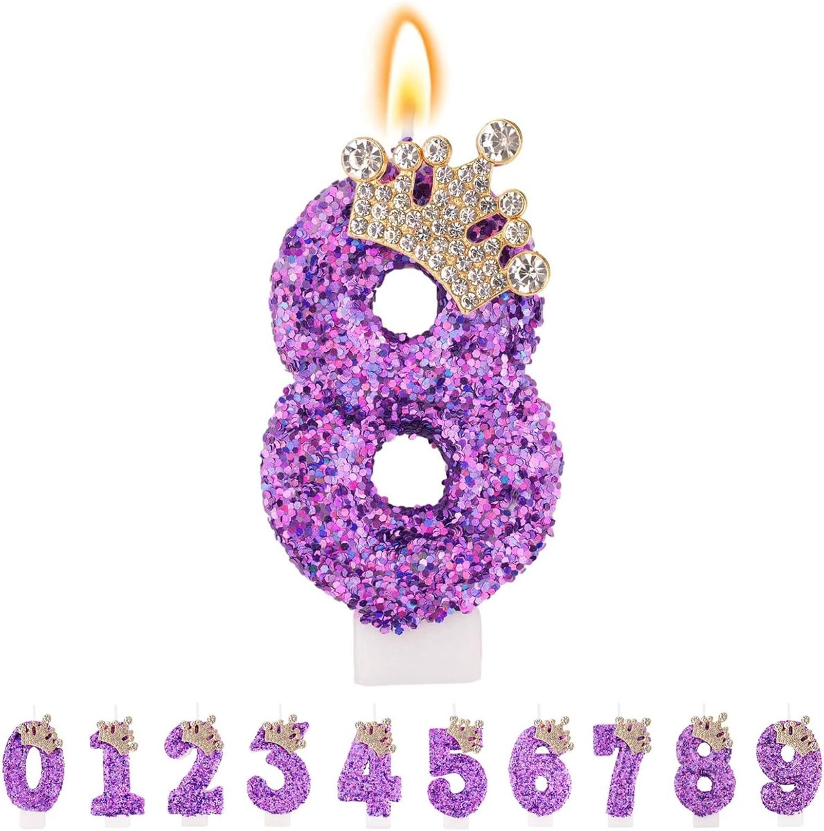 Verjaardagskaarsen nummer 8 - Paarse kroon kaars - Glitterend design - Perfect voor feestelijke taarten - ShopVlot