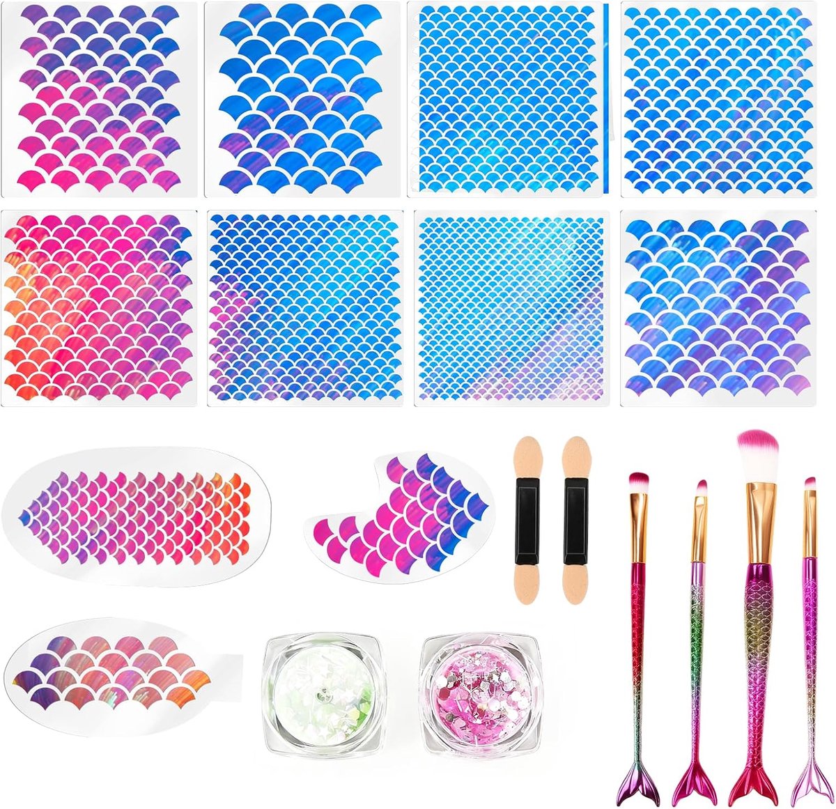 Mermaid scale stencils set 11 stuks - herbruikbaar - met make-up kwasten en glitters - voor creatieve make-up en kunst - ShopVlot