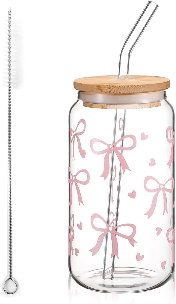 Drinkglas met Deksel en Rietje 475 ml - Roze Strik Glas - Trendy Ijskoffie Glas - Perfect voor Bubble Tea - ShopVlot