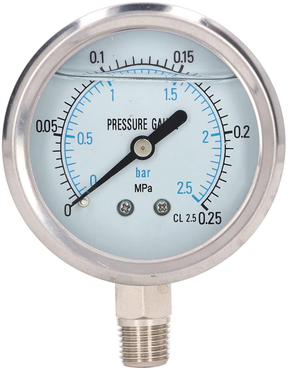 Drukmeter 1/4 inch NPT - Glycerine gevuld - Dubbele schaal 0-2.5 bar / 0-0.25 MPa - Voor nauwkeurige metingen - ShopVlot