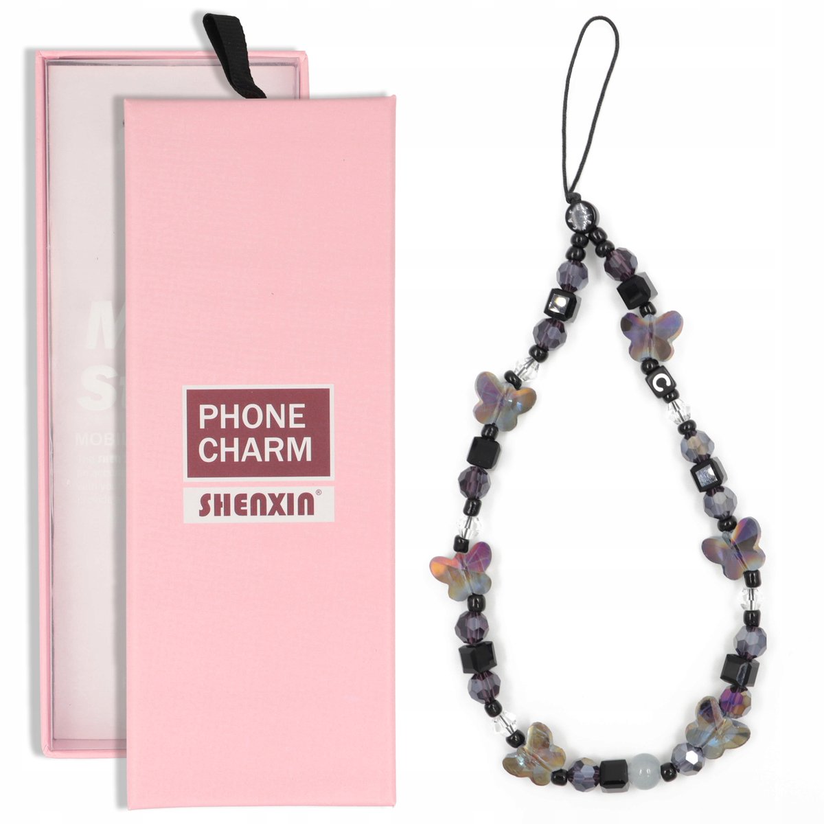 Telefoonhanger Kralen Goud Grijs Paars Charms