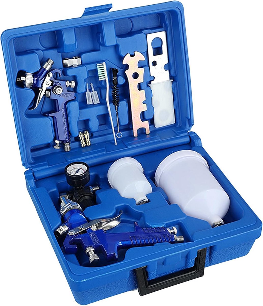 HVLP verfpistoolset 2 spuitpistolen - sproeiers 0,8 mm en 1,4 mm - luchtdrukregelaar en bekers - ShopVlot