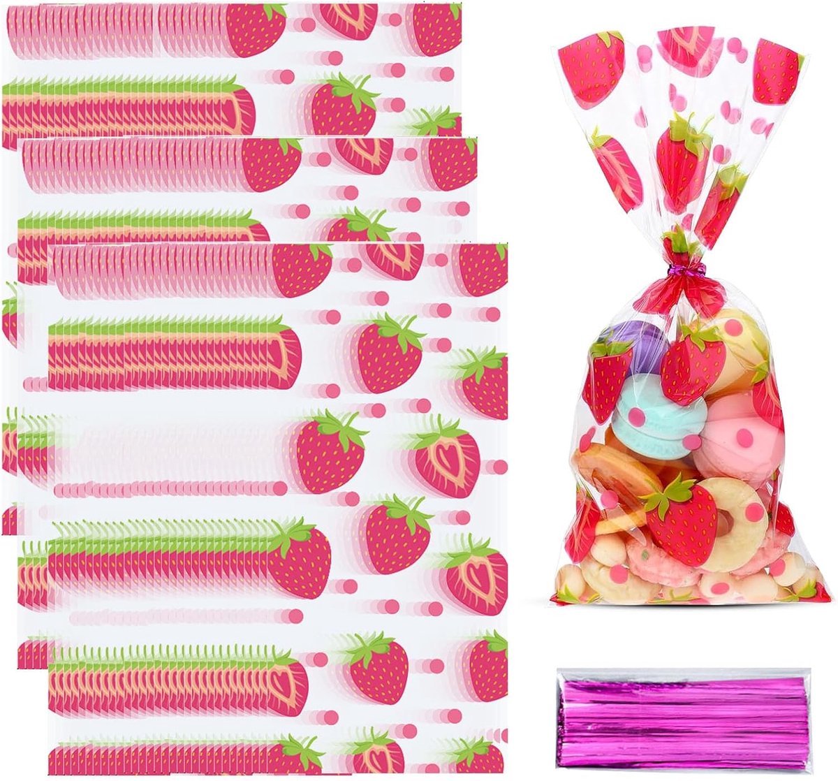 Aardbeien-cellofaan traktatiezakjes 150 stuks - plastic - met stropdassen - perfecte geschenkverpakking voor feestjes - ShopVlot