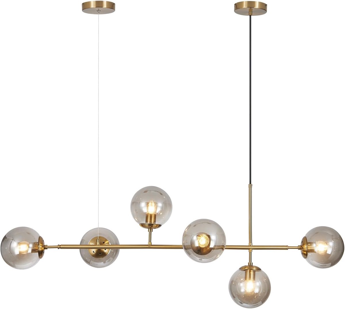 Chandelier met 6 lichten - gouden messing - lineair rookglas - moderne retro uitstraling - ShopVlot
