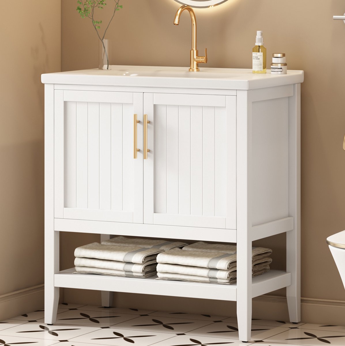 OKWISH Badkamerkast - Wastafel Met Onderkast - Staand Model Voor Badkamer - MDF Wit Met Keramische Wastafel - 80 x 47 x 90 cm