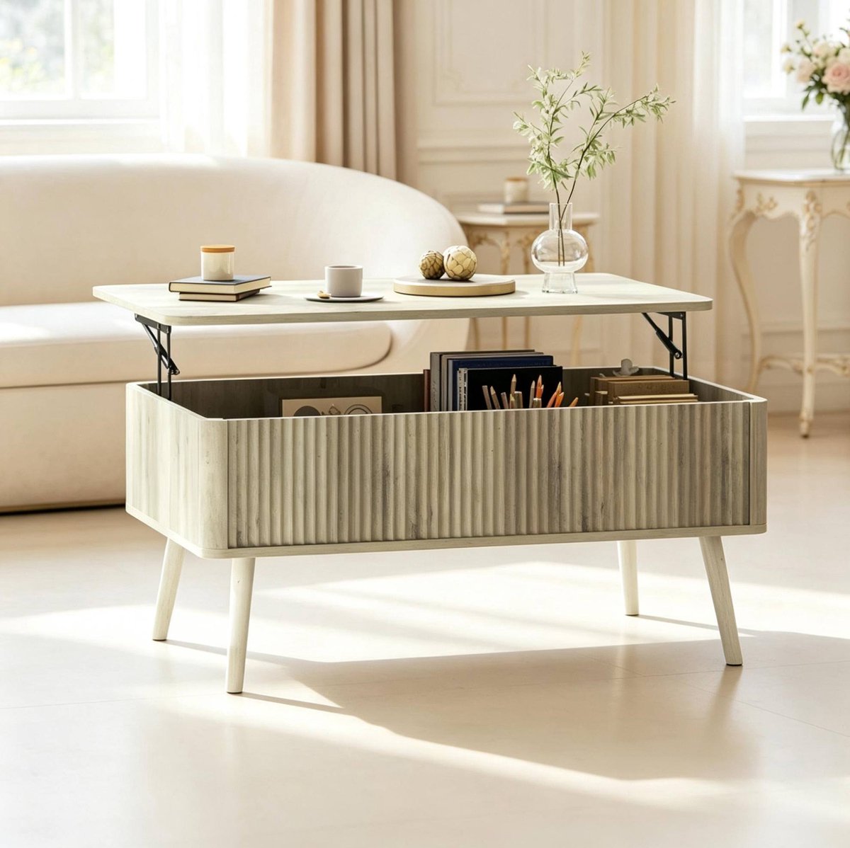 OKWISH Salontafel Hoogteverstelbaar Met Verborgen Opbergruimte Modern Rechthoekig Eiken MDF Voor Woonkamer 91 X 56 X 43 57,5 Cm