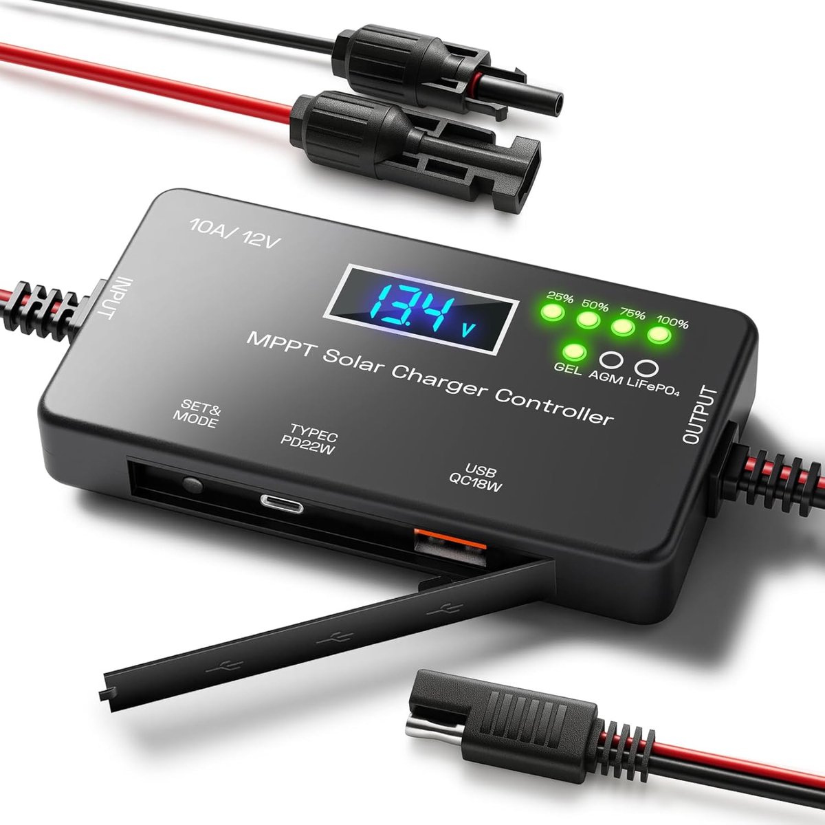 MPPT zonnepaneel regelaar 12V 10A - intelligente technologie - USB en Type-C poorten - efficiënt opladen - ShopVlot