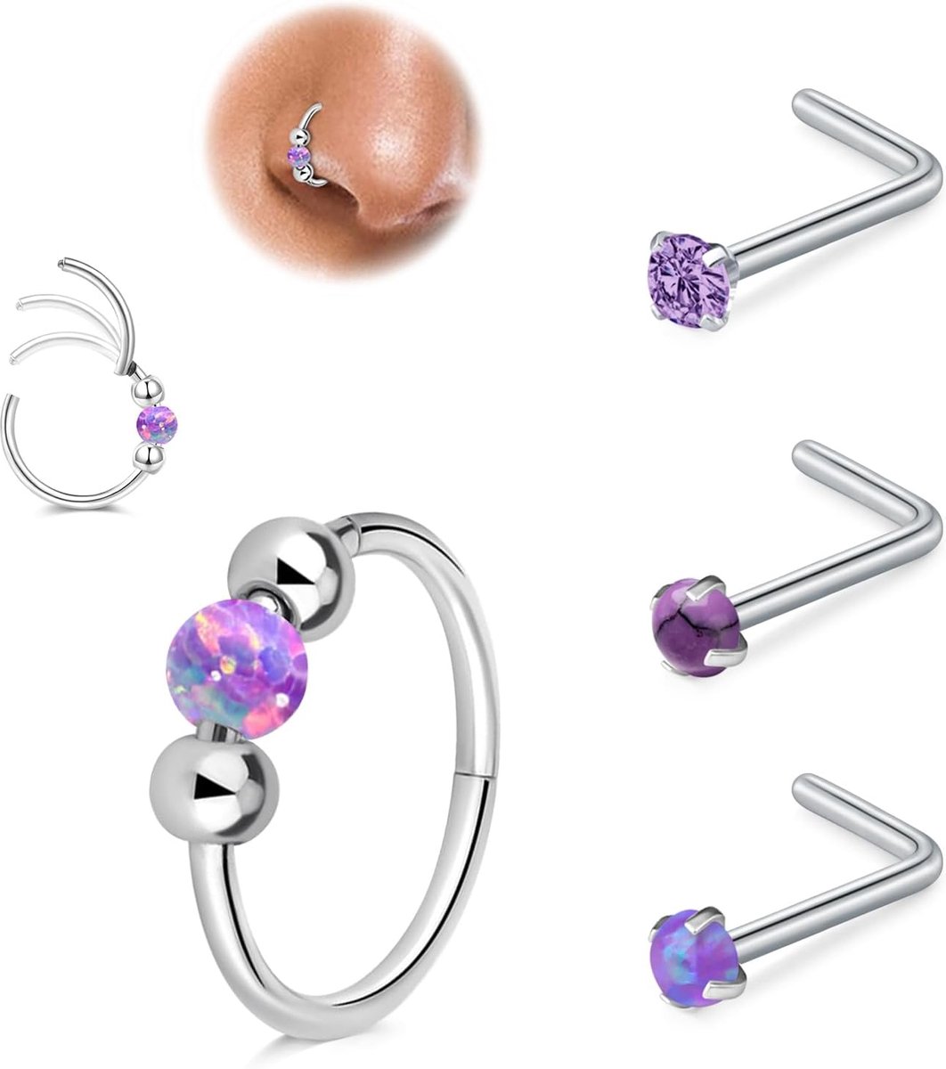 Neuspiercing, set van 4 stuks, 18 g, 20 g, ringd clicker, segment, neusring, chirurgisch staal, L-vorm, spiraal, opaal, CZ ringen, neusstud