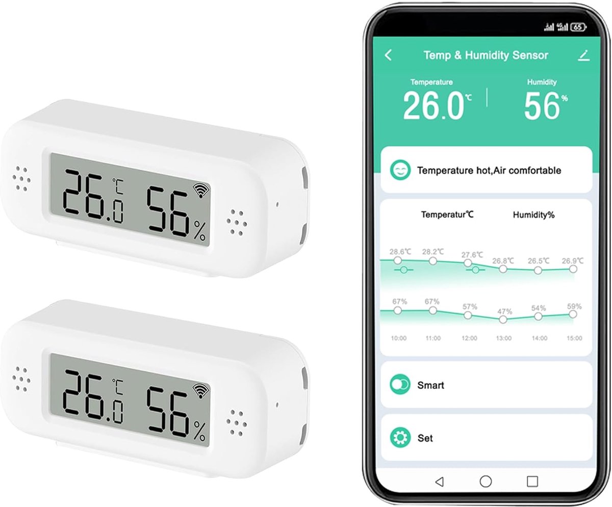 WLAN-hygrometer, voor binnen, intelligente temperatuur- en vochtigheidssensor met app-monitor, compatibel met Alexa, voor slaapkamer, broeikas, kelder, 2 stuks