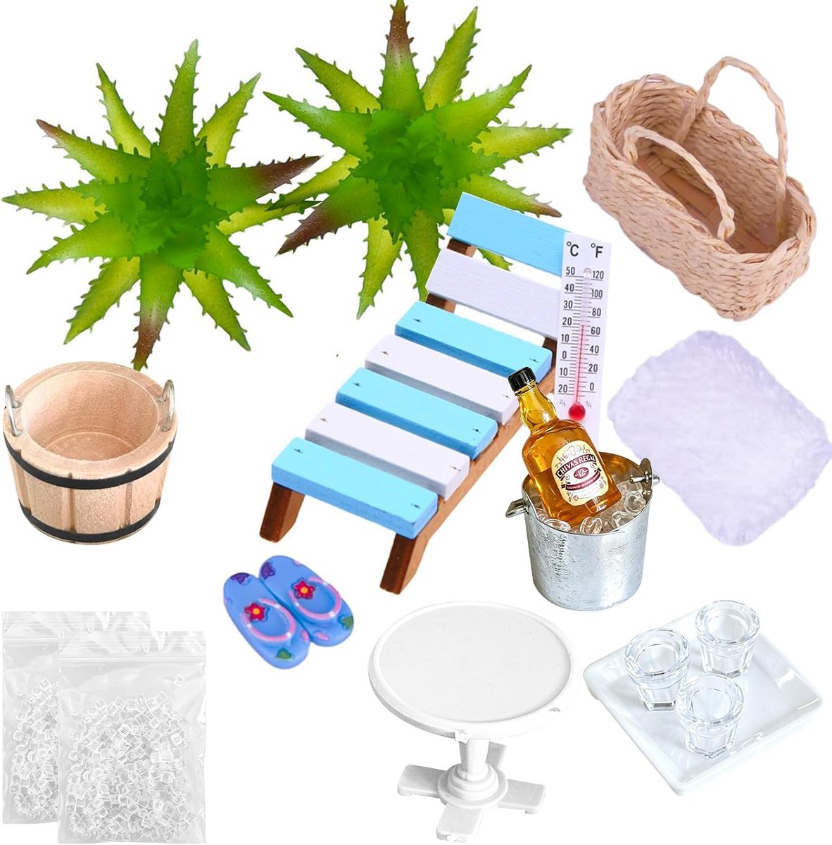 Decoratieve sauna-accessoires, 17-delige wellness-decoratie-accessoires, stranddecoraties, decoratie strand en zee, mini-ligstoel, microlandschap voor doe-het-zelf tuindecoratie