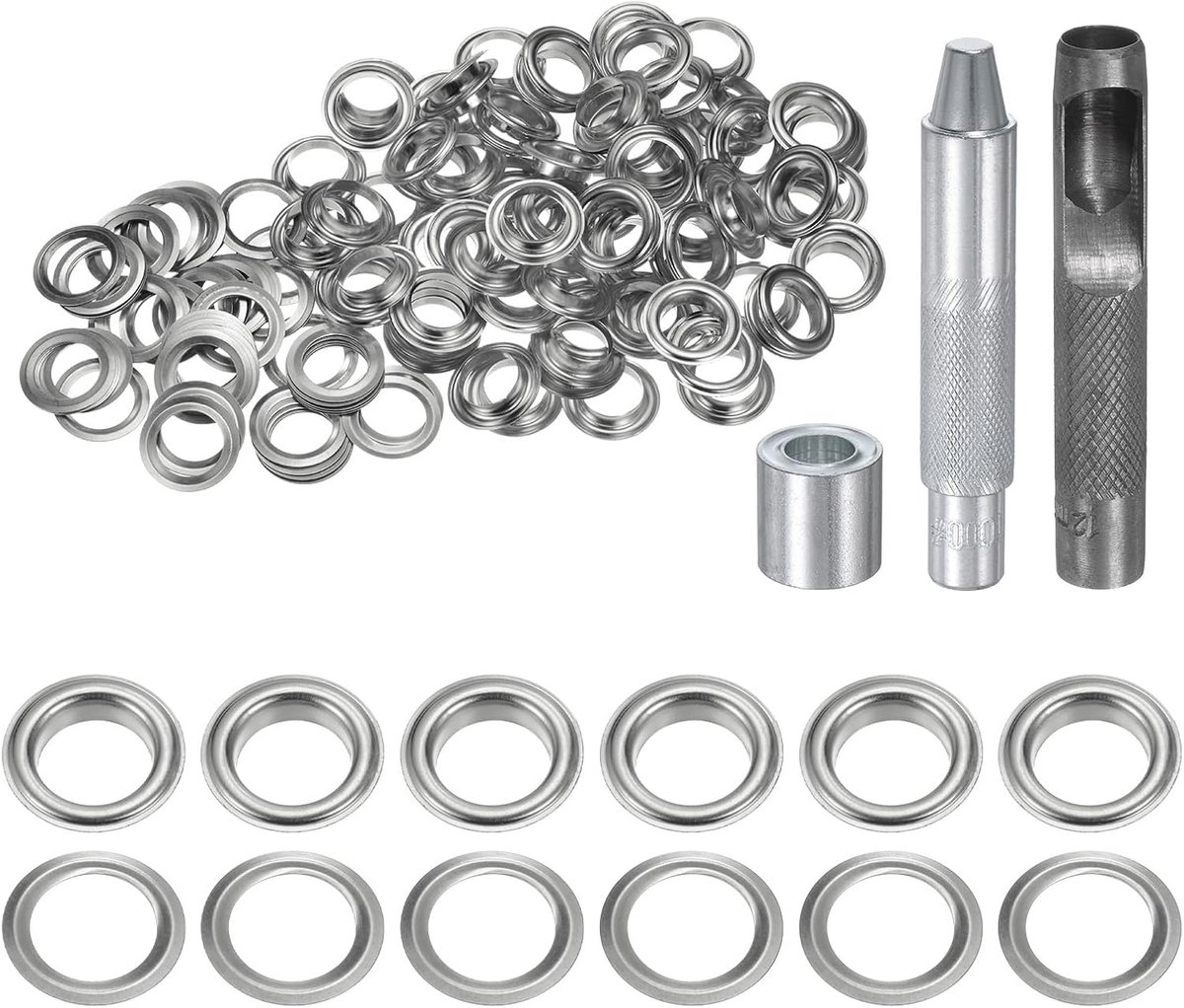 100 stuks ooggereedschap 12 mm set koperen ogen met perforator voor oogjes voor kleding van leer stof zilverkleur