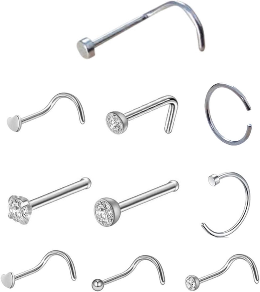 Neuspiercings van 316L chirurgisch staal, schroefring voor neus met L-vormige piercing voor vrouwen en meisjes, neusstekers van roestvrij staal, 10 stuks