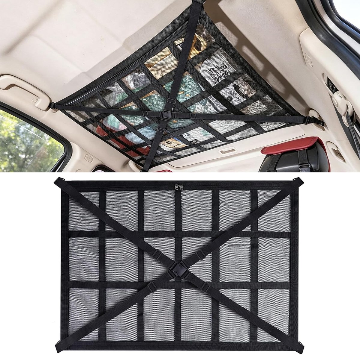 Bagagenet voor auto, 90 x 65 cm, bagagenet voor camper, auto-dakopbergnet, interieur, verstelbare kruisriemen, voor vier dakarmleuningen, bestelwagens en de meeste voertuigtypes, zwart