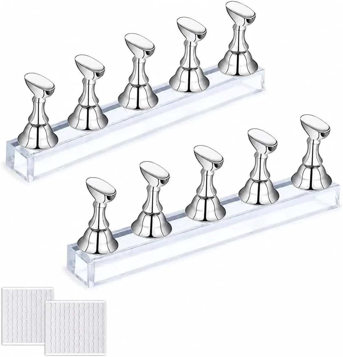 Set – 2 Stuks met 200 Zelfklevende Nagelstickers – Acryl Oefenstandaard met Magnetische Basis – Transparant – Voor Thuis, Salon of Opleiding – Nagelaccessoires Set