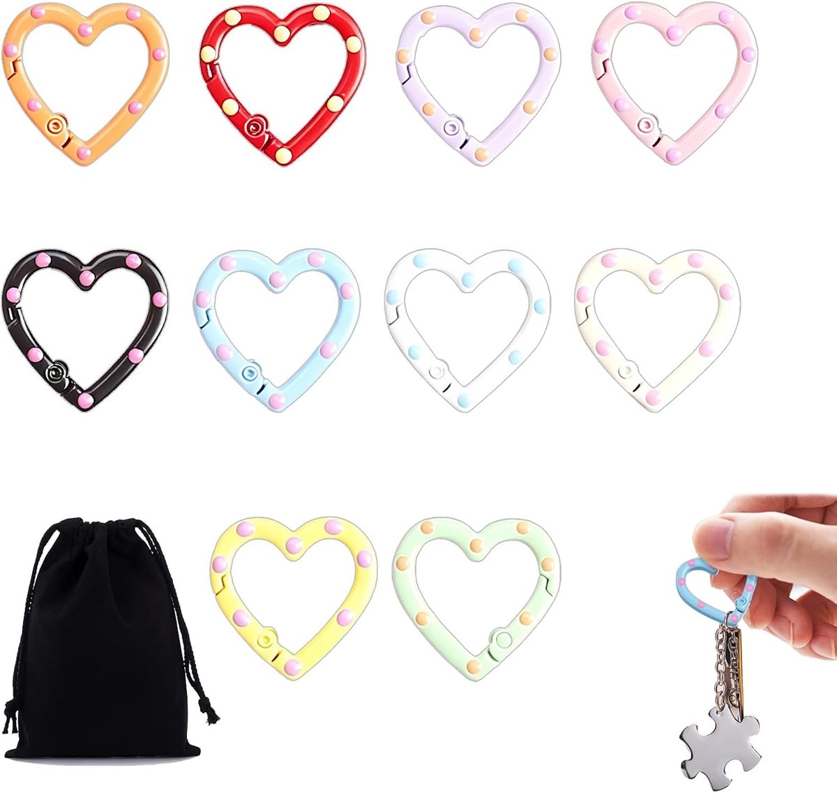Karabijnhaken in hartvorm, 10 stuks metalen sleutelhangerclips met opbergzak, 2,5 x 2,5 cm kleurrijke sluitingen voor sleutels, tassen en DIY-projecten