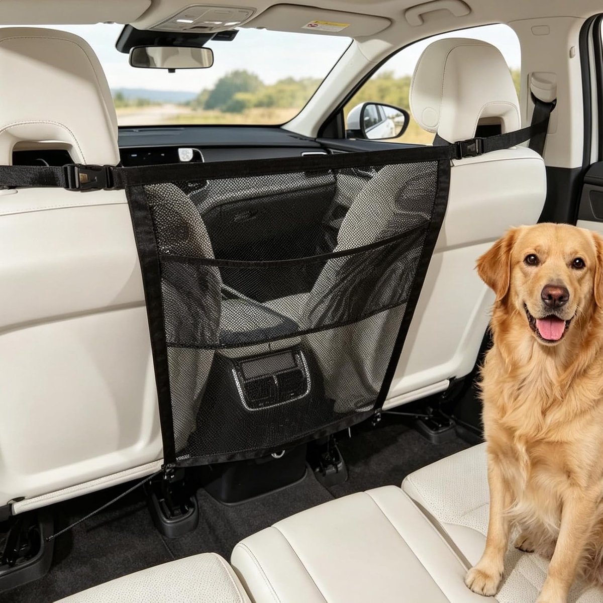 Hondenrooster voor in de auto met opbergzakken, scheidingsnet voor honden, 69 x 57 cm, veiligheidsbarrière tegen hond van voorstoel, universeel passend hondennet voor achterbank, voor veilig