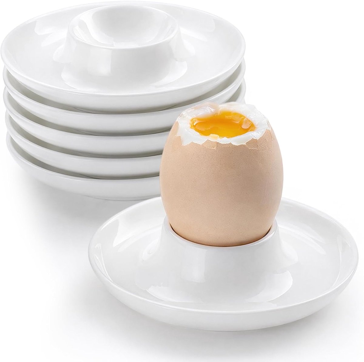 Set van 6 eierhouders van porselein, keramische eierhouders met legplank, stapelbare eierdopjes, wit, rond, ontbijtservies voor thuis, restaurant, hotel, creatieve eierdopjes, schaal