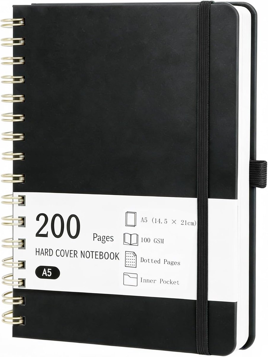 A5 Spiraalnotitieboek, 200 pagina's, PU-leer, hardcover, 5 mm gestippeld rasterpatroon, notitieboek voor bullet journal, werk en studie (zwart)