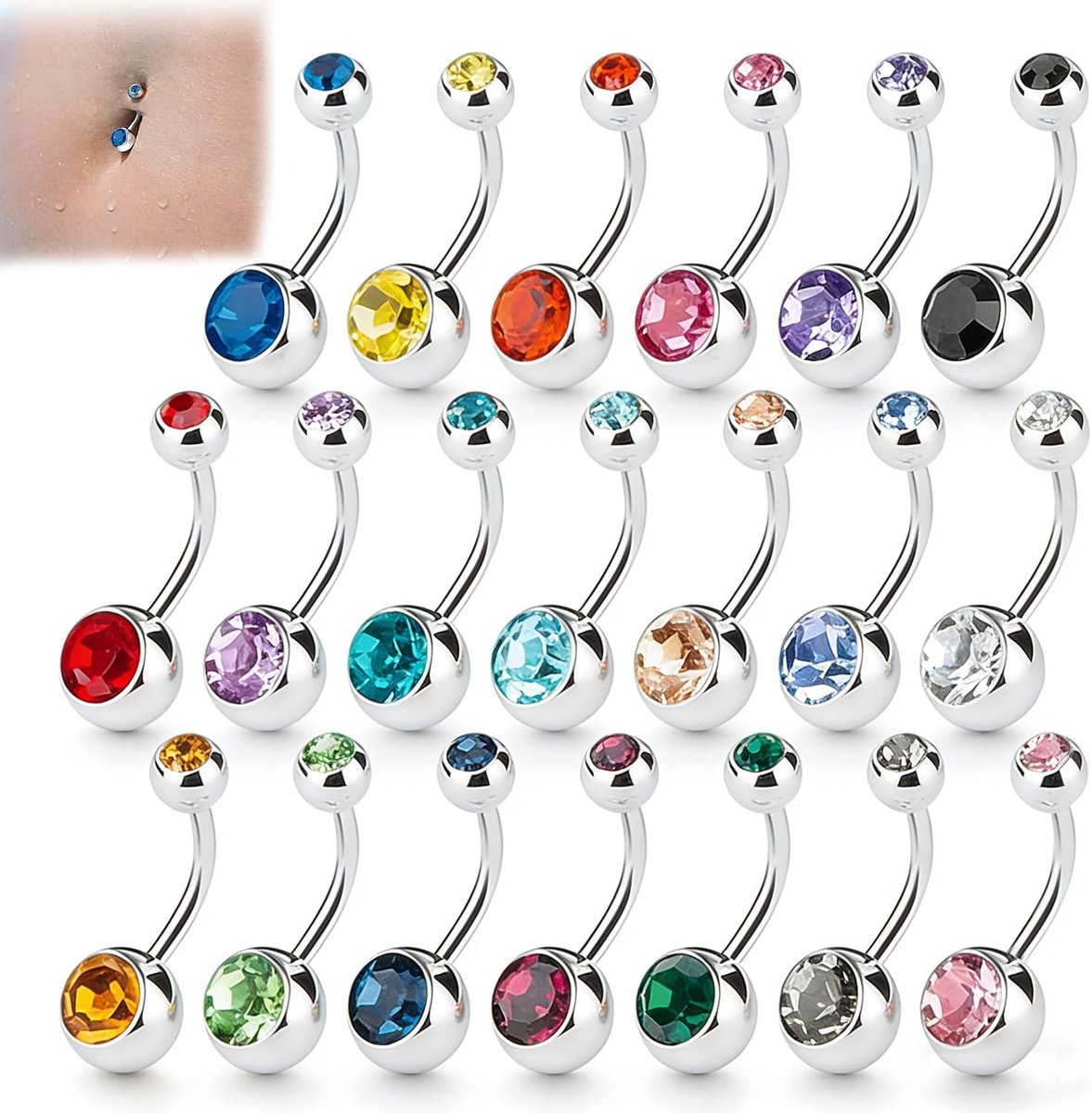 Belly bar met dubbele edelsteen 14 gauge - 20 kleuren - roestvrij staal - trendy lichaamspiercing - SnelShoppen