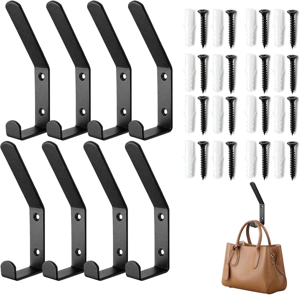 Wandhaken set van 8 - zwarte staal - 3 mm dik - praktische oplossing voor jassen en accessoires - SnelShoppen