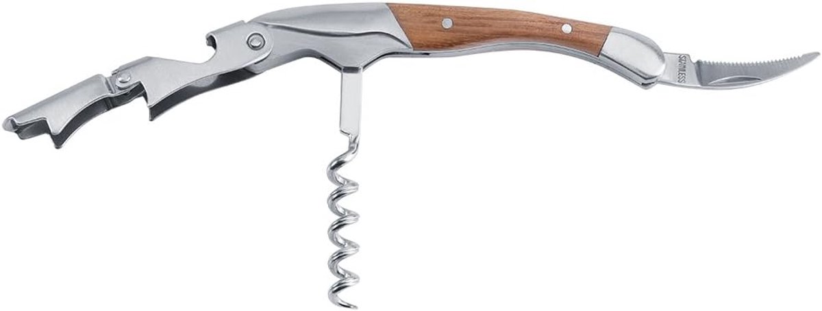 Wijnflesopener professionele kurkentrekker - RVS en hout - ergonomisch ontwerp - ideaal voor thuisgebruik - SnelShoppen