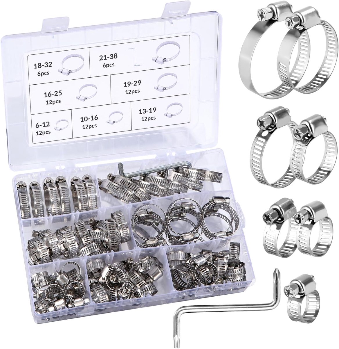 Hose Clamp Set 73-delig - RVS verstelbare slangklemmen - 6-38mm bereik - SnelShoppen