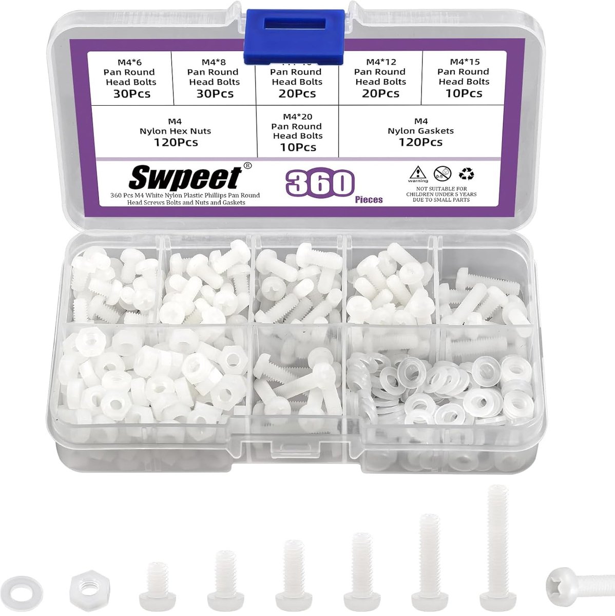 Nylon schroefset M4 - Assortiment 360 stuks - Wit - Voor betrouwbare bevestiging - SnelShoppen