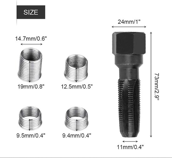 5 stks bougie draad reparatie kit m14 bougie draad reparatie voor koolstofstaal bougie draad met 14mm bougie inserts cilinderkop tool kit — afbeelding 4