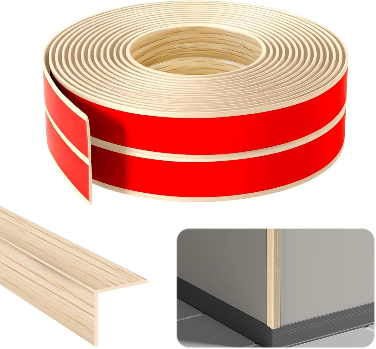 Wandlijsten, 3 cm x 3 cm x 8 m, hoeklijst, zelfklevend, pvc, flexibele zachte plint, randbescherming, hoeklijst voor deuren, ramen, muren (esdoornnerf)