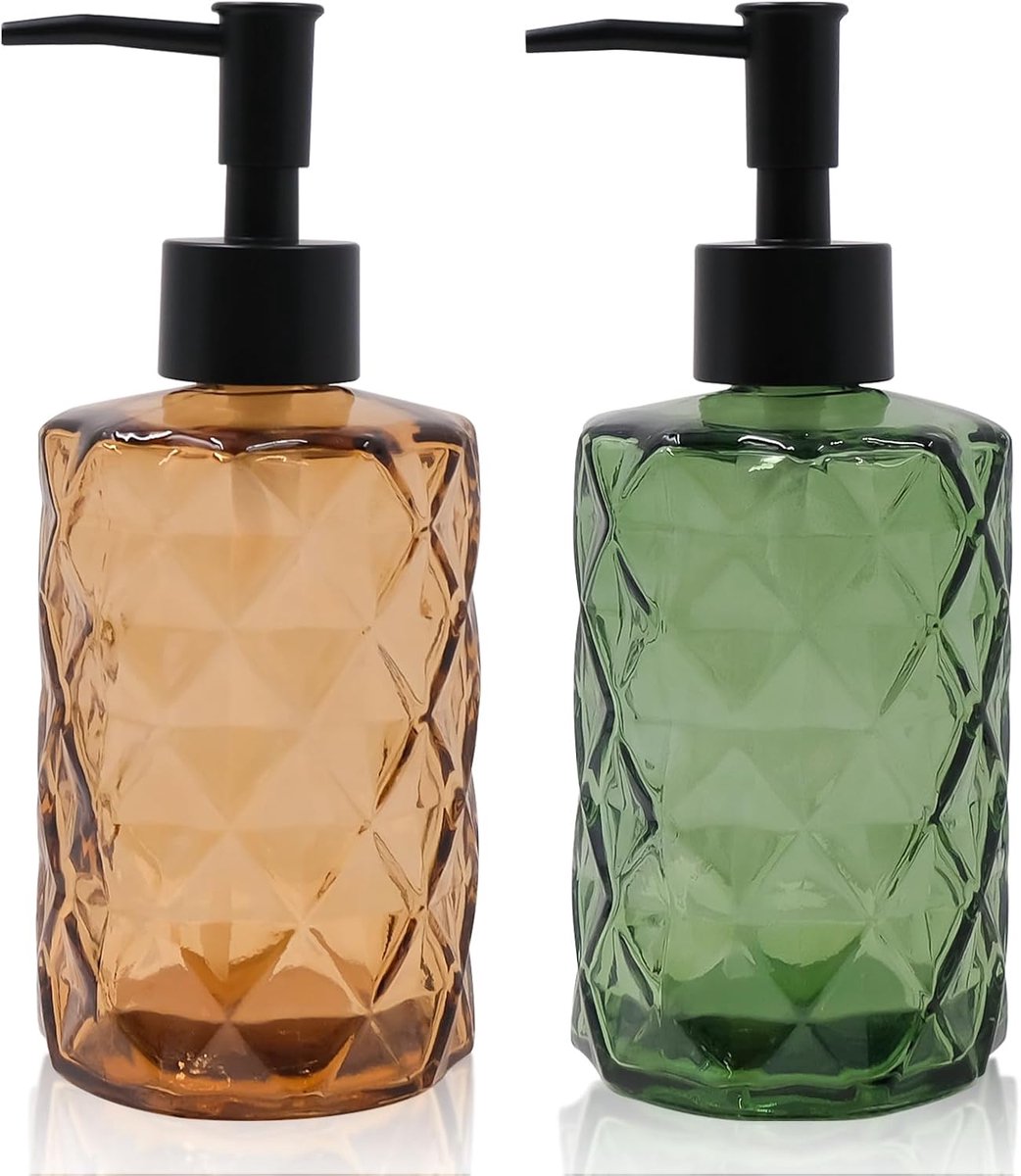 Set van 2 zeepdispensers, glazen zeepdispenser voor badkamer en keuken, 330 ml, navulbare handwasvloeistof, heldere glazen fles, glazen dispenser met zwarte pomp voor afwasmiddel, etherische olie