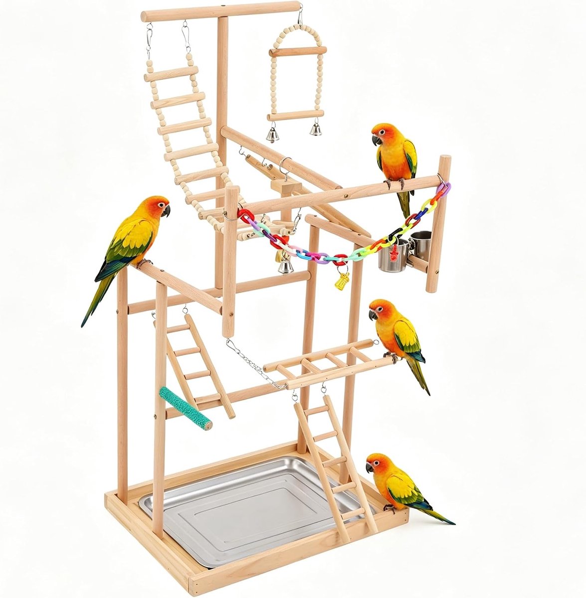 Vogel speelstandaard met ladder - houten papegaaienstandaard - schommel en feederbeker - SnelShoppen